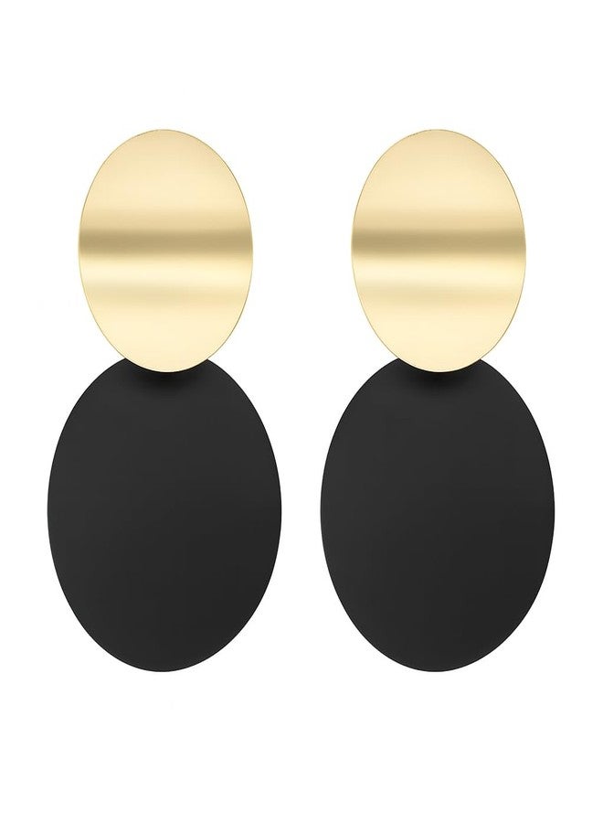 ZENCHEER Round Curved Clip On Earrings Women, Lightweight Statement Gold Black Discs Dangle Drop Earrings for Non Pierced Ears Jewelry Gift (Gold & Black) - Image 1